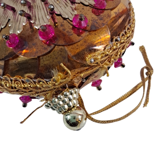 Vintage Beaded Push Pin Christmas Ornament Gold Pink Sequins Retro MCM - Picture 8 of 9